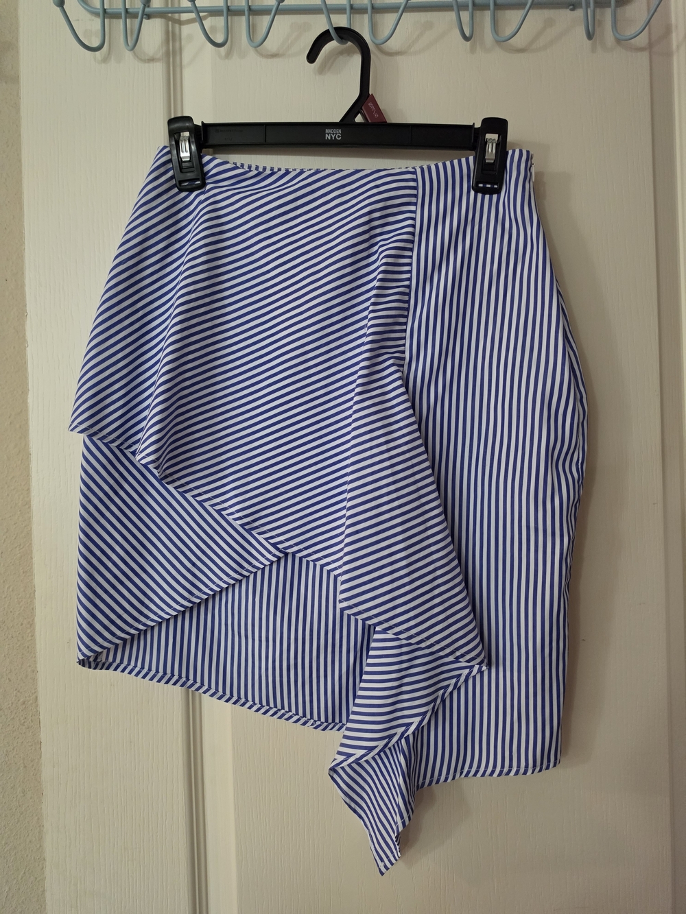 J.O.A. Blue and White Striped Asymmetrical Ruffle Skirt